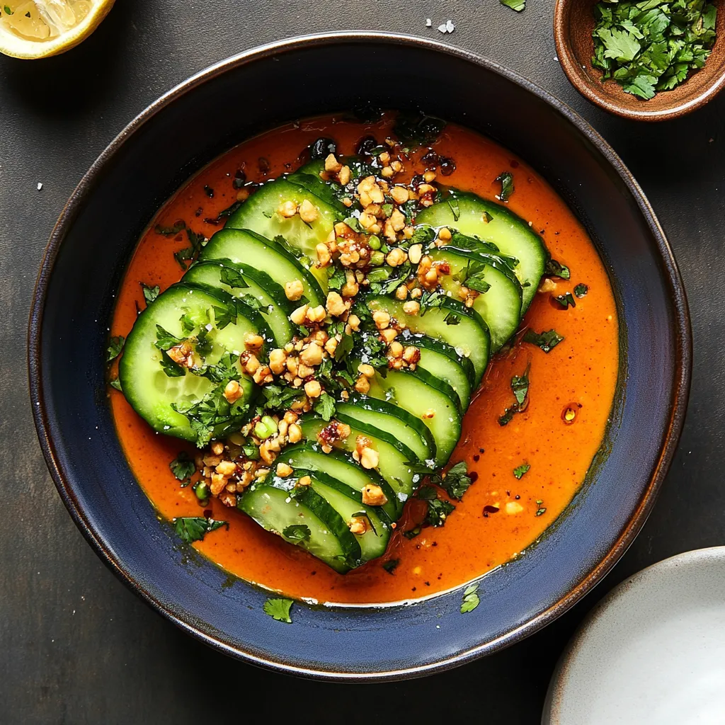 A bowl of food with a slice of cucumber.