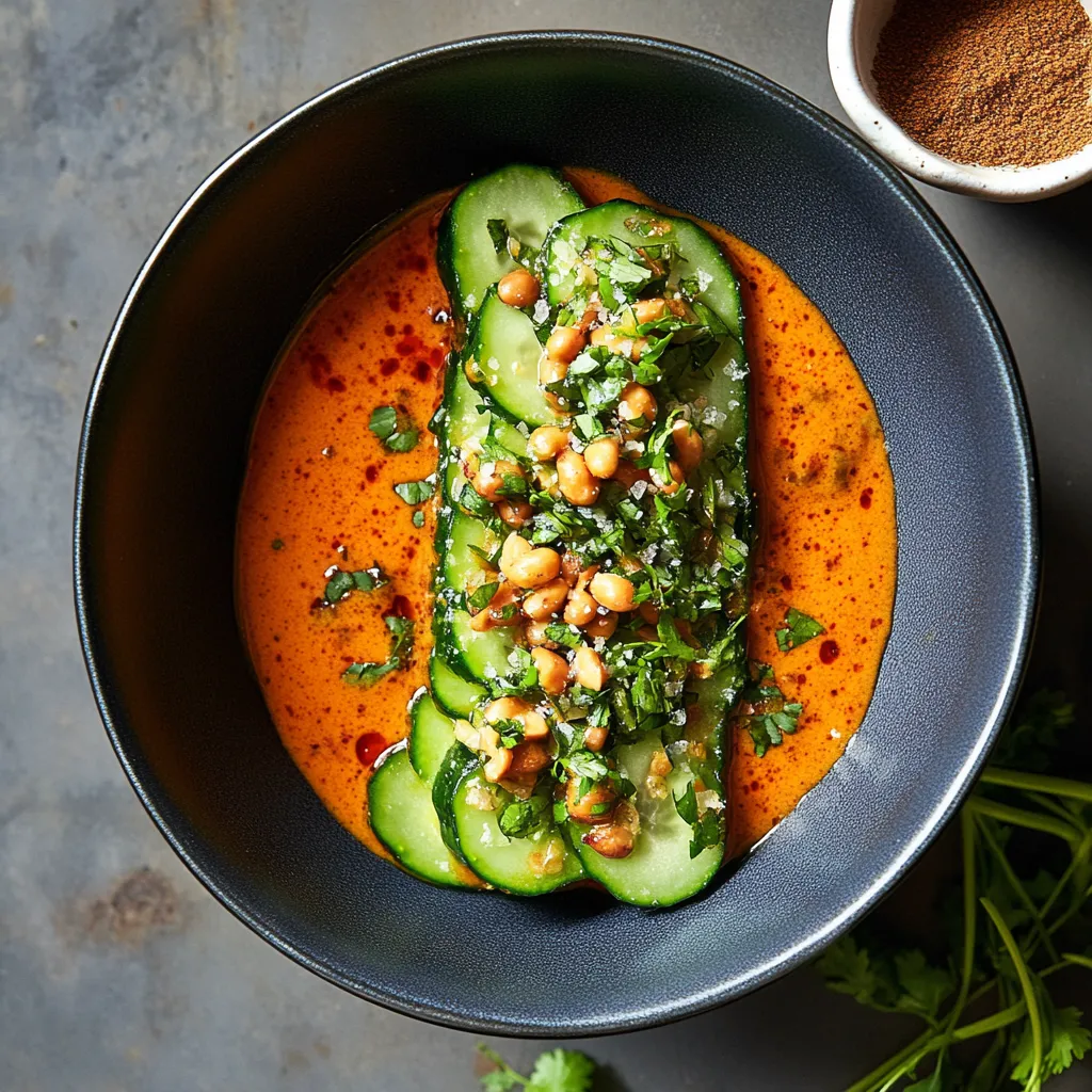 A bowl of food with cucumbers and beans.