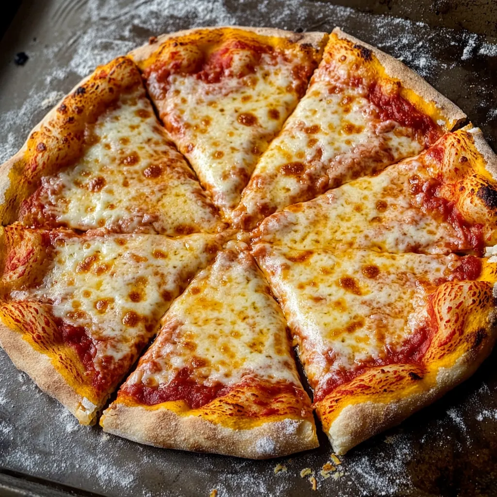 A pizza with cheese and tomato sauce.