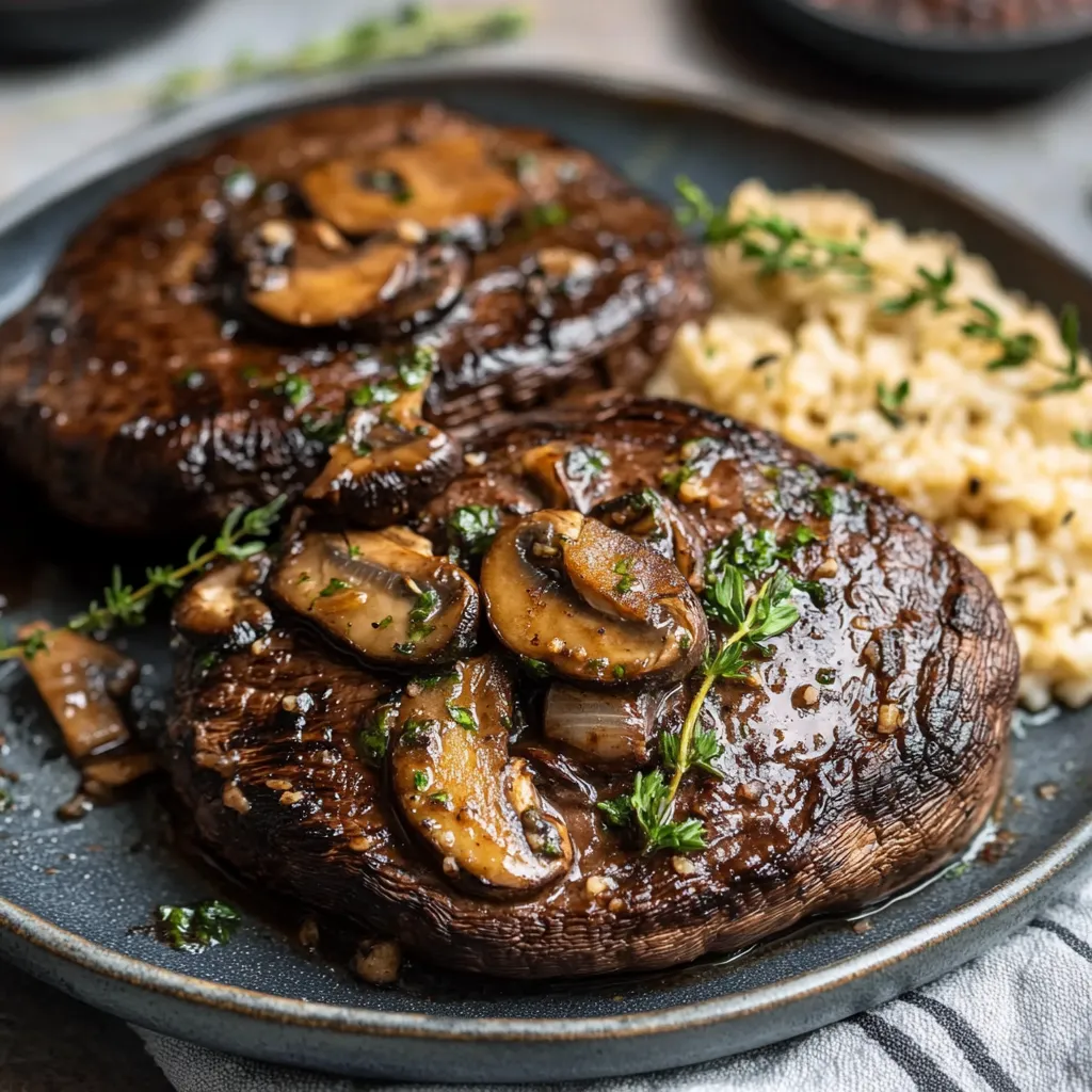 A plate of food with mushrooms and rice.