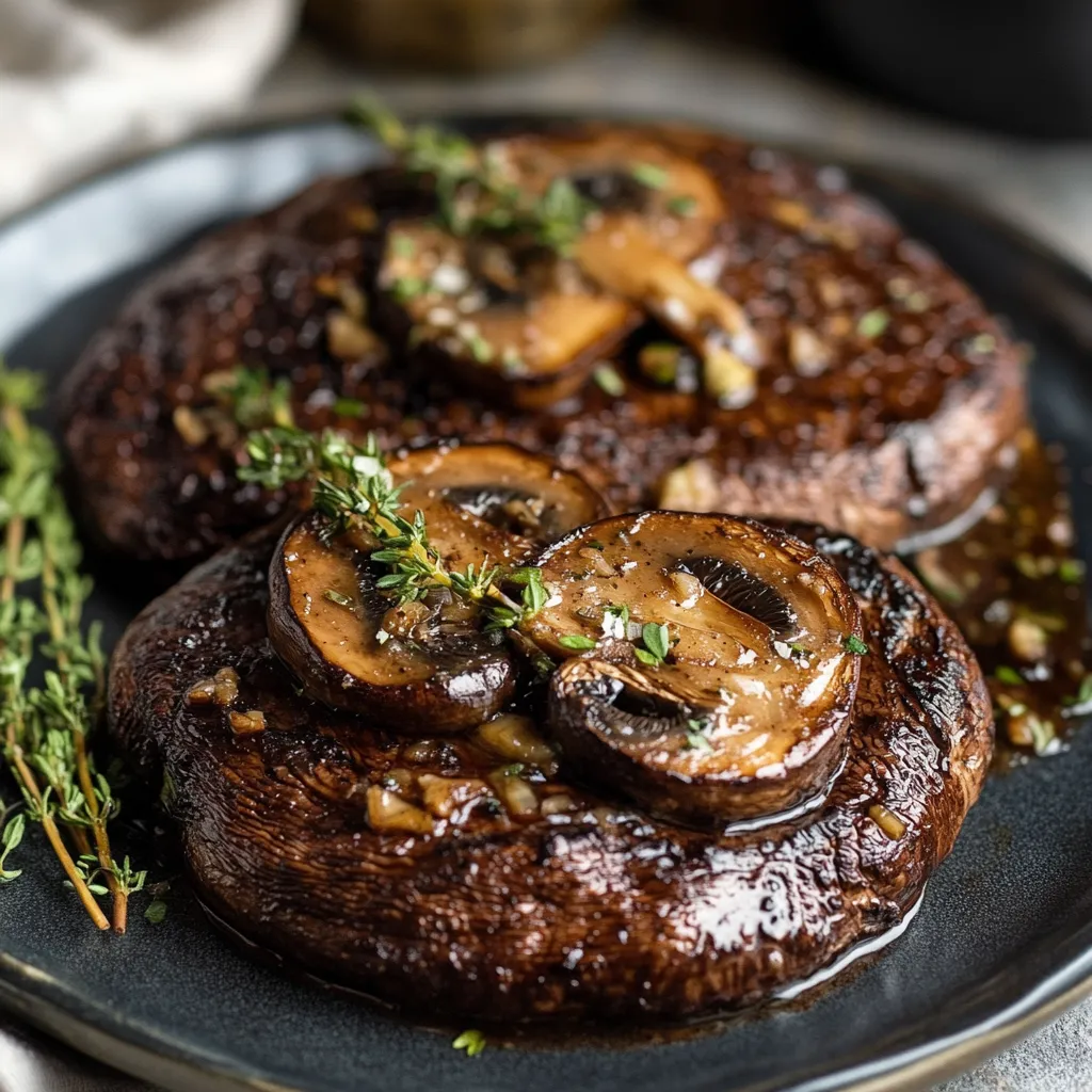 Two mushrooms on a plate with herbs.