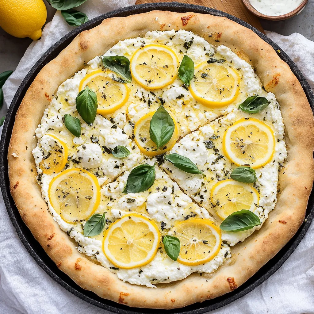 A pizza with yellow lemons and green basil on top.