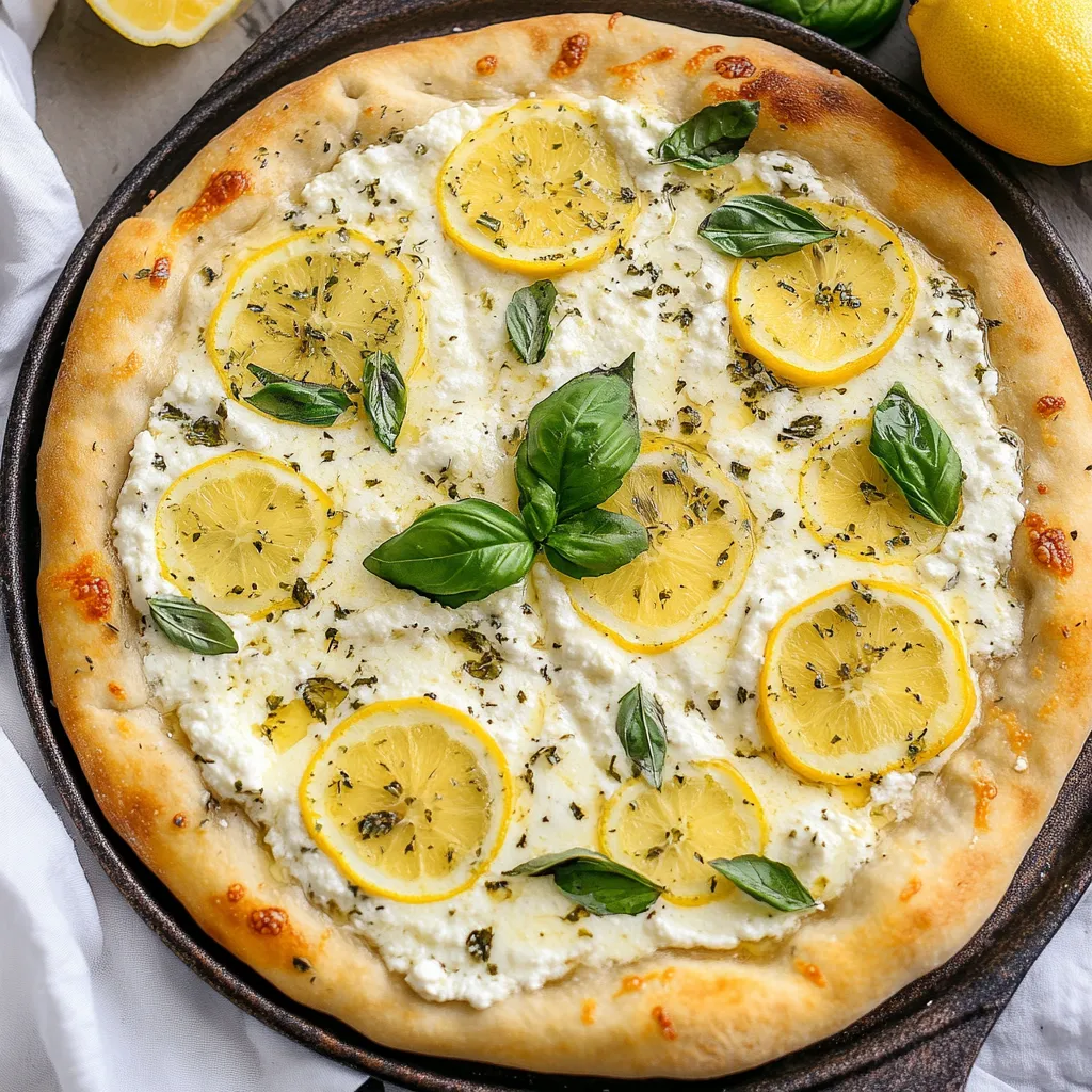 A pizza with yellow lemon slices and green basil leaves.