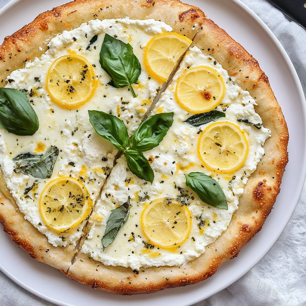 A pizza with yellow lemons and green basil on top.