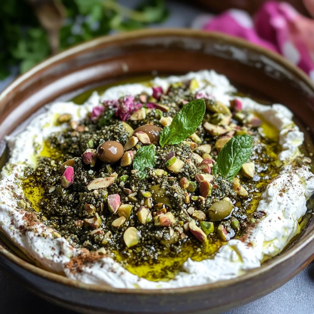A bowl of food with a green leaf on top.
