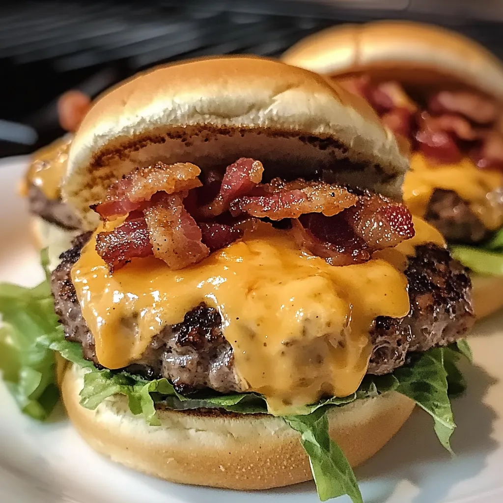 Two bacon cheeseburgers on a white plate.
