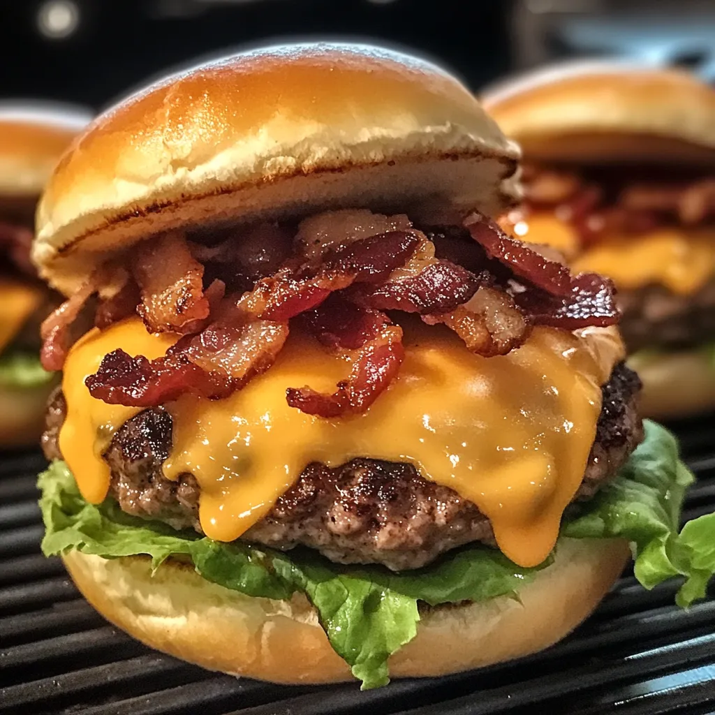 Bacon cheeseburger with lettuce and tomato.