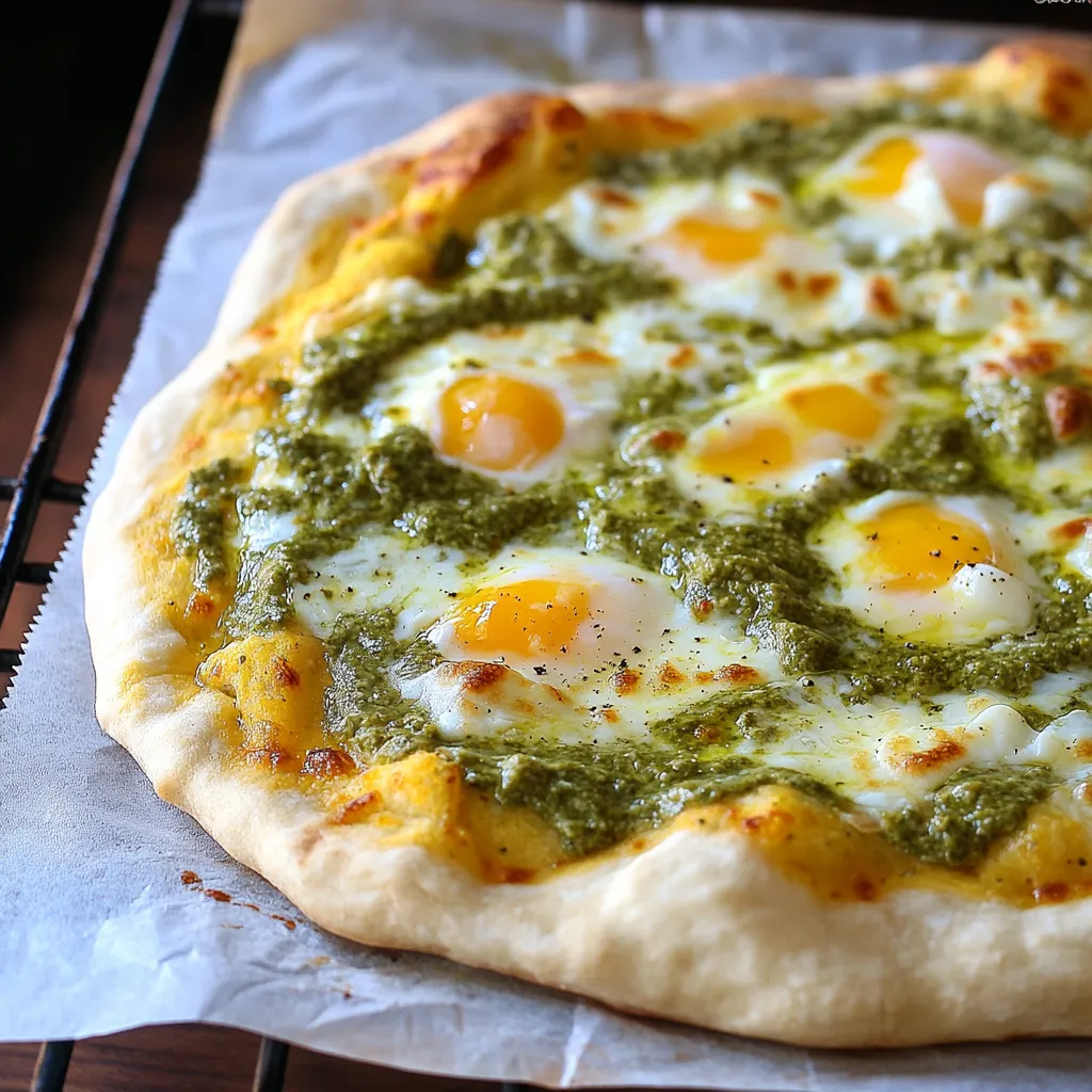 A pizza with eggs and spinach on top.