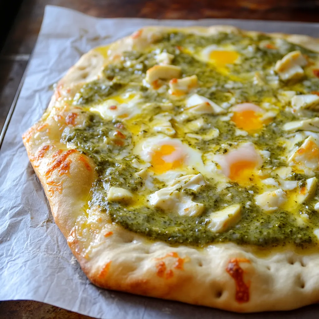 A pizza with eggs and spinach on it.