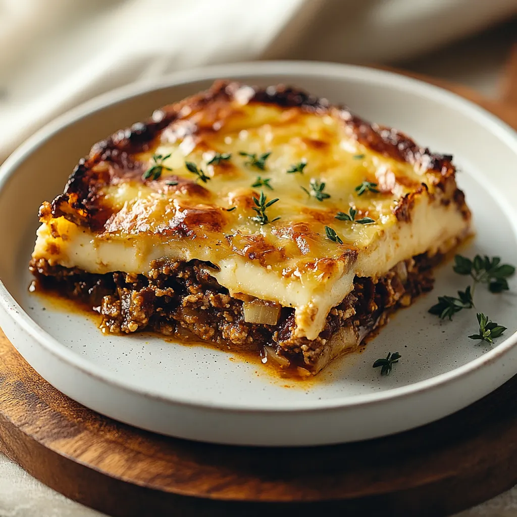 A slice of lasagna with cheese and herbs.