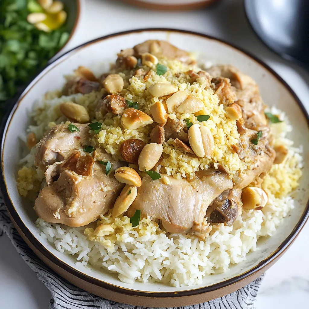 A plate of rice with chicken and nuts.