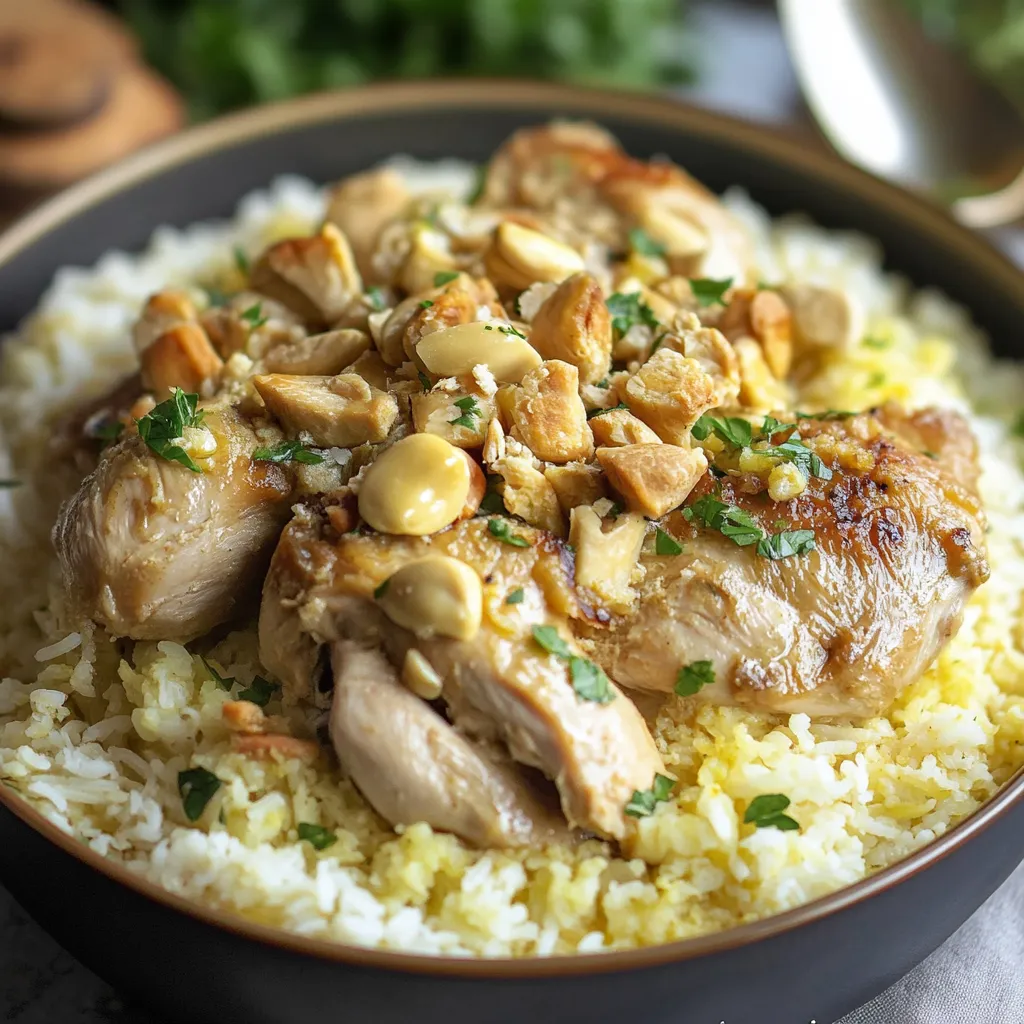 A bowl of rice with chicken and nuts.