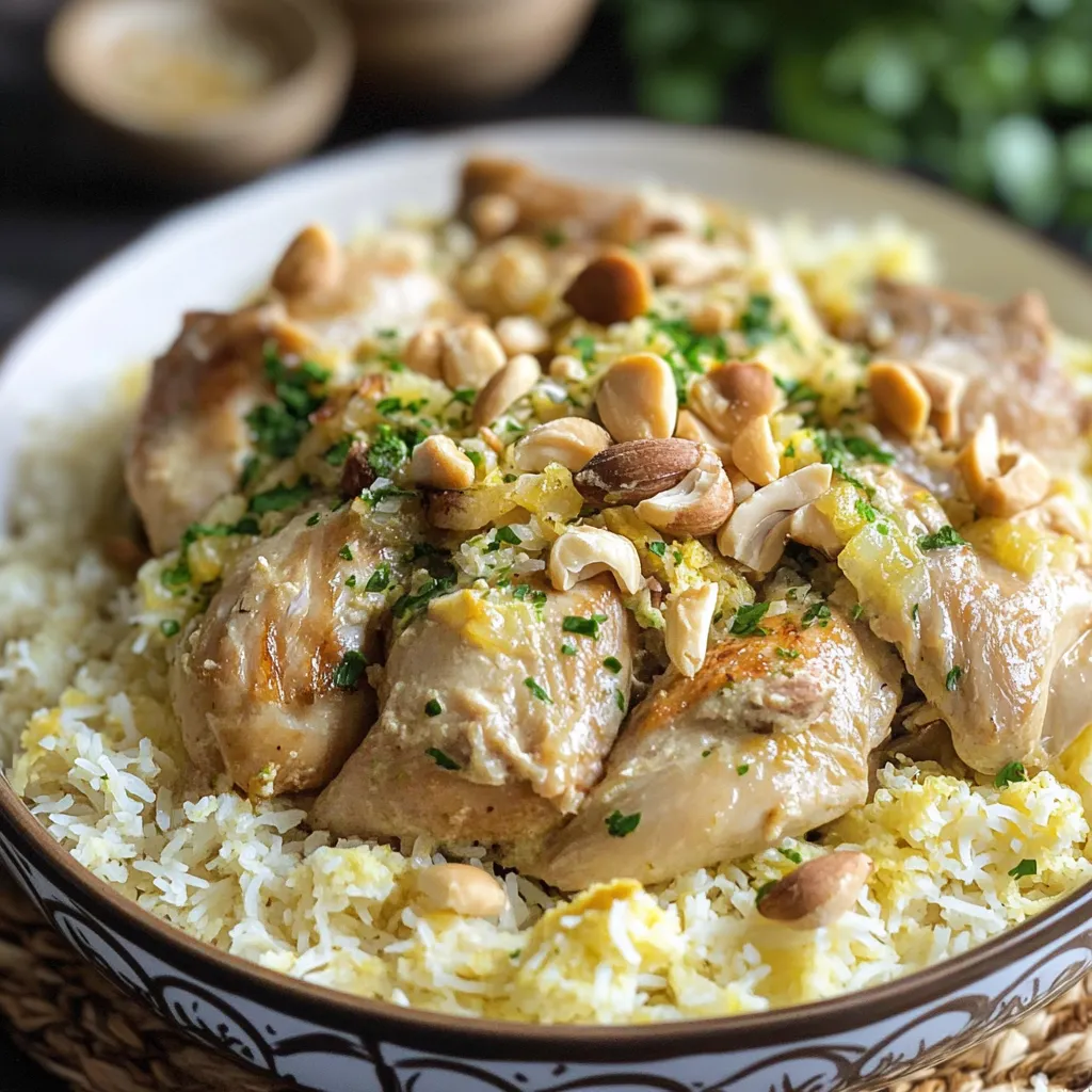 A plate of rice with chicken and nuts.