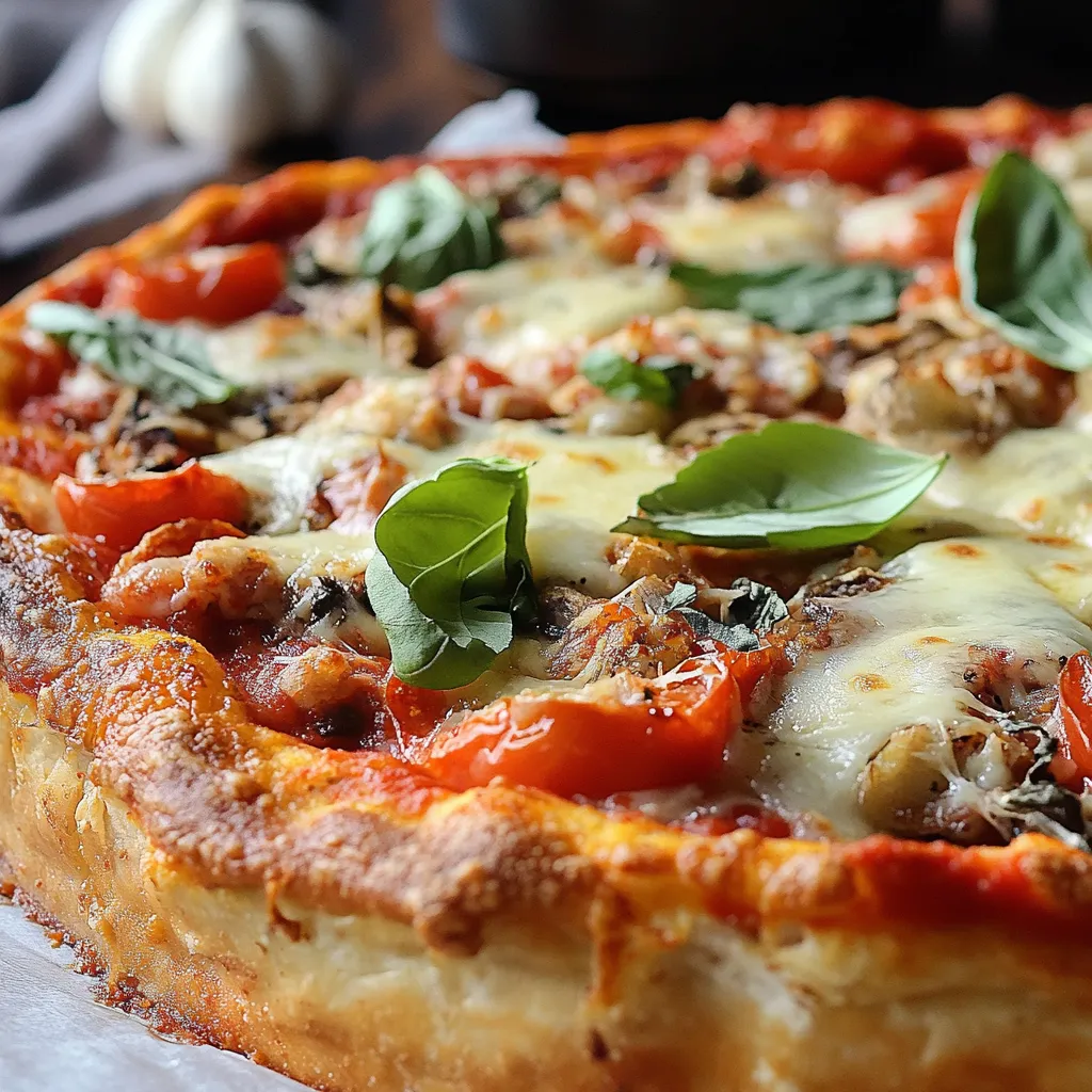 A pizza with tomatoes and basil on top.