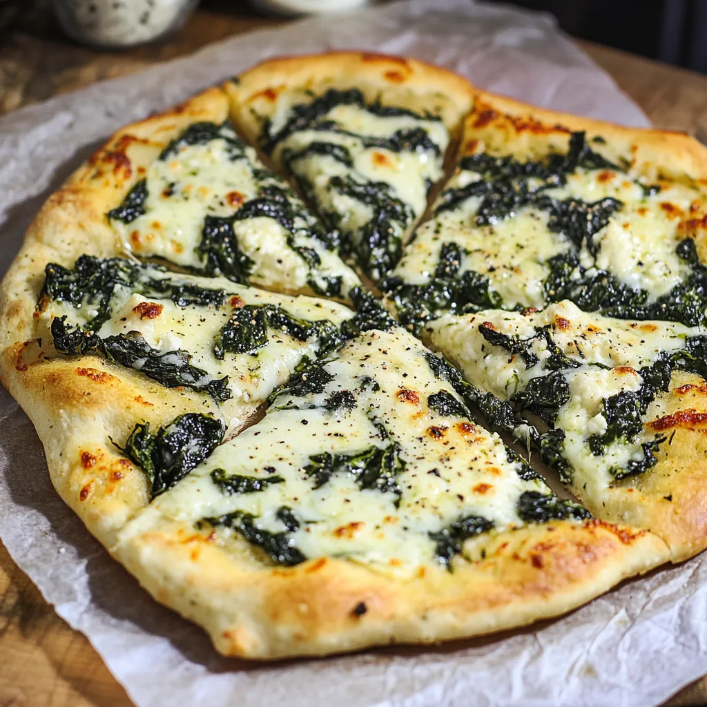 A pizza with spinach and cheese on a paper towel.