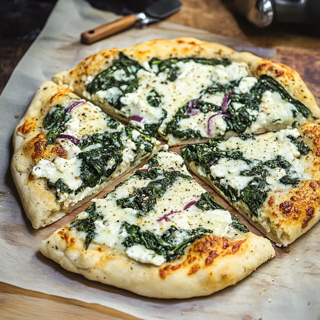 A pizza with spinach and cheese on a wooden board.