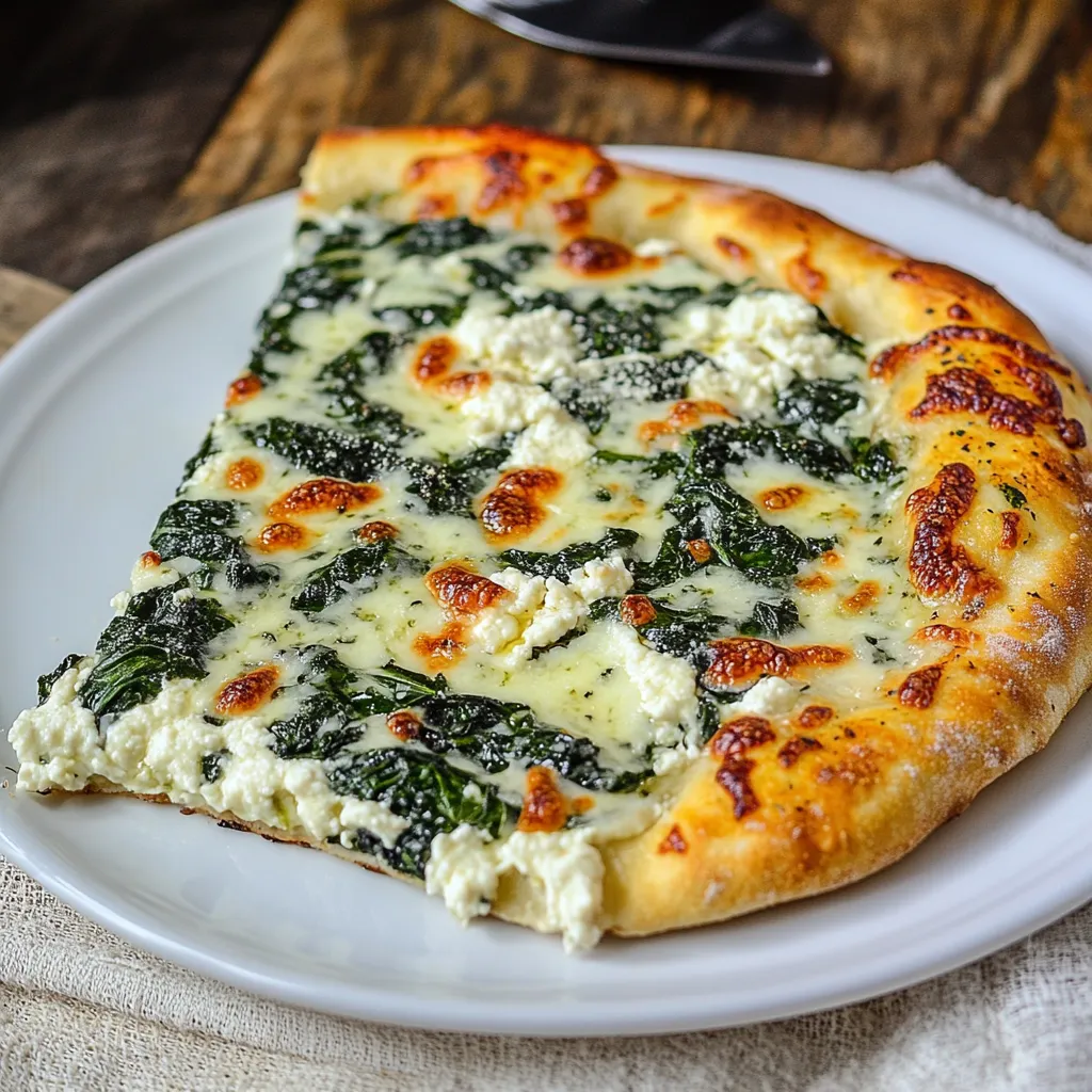 A slice of pizza with spinach and cheese on a white plate.