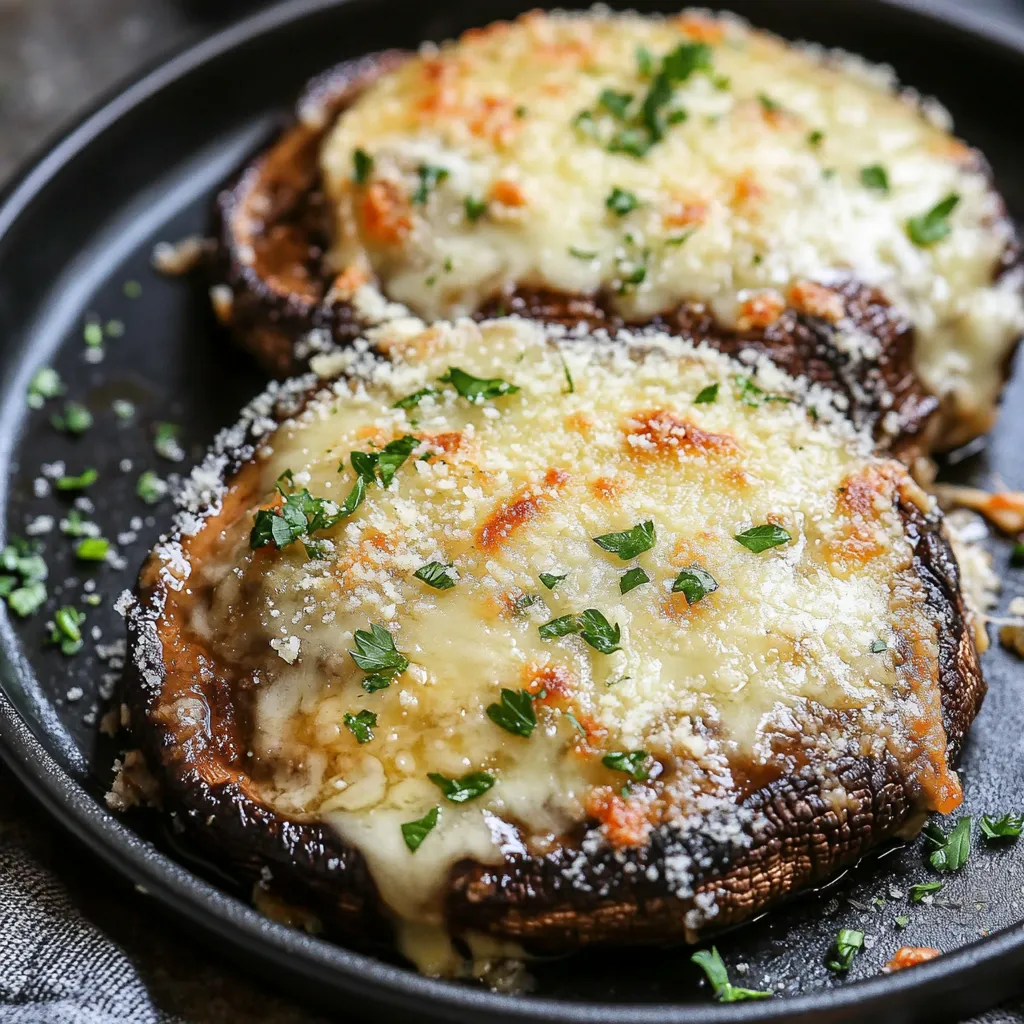 Two mushrooms with cheese on top.