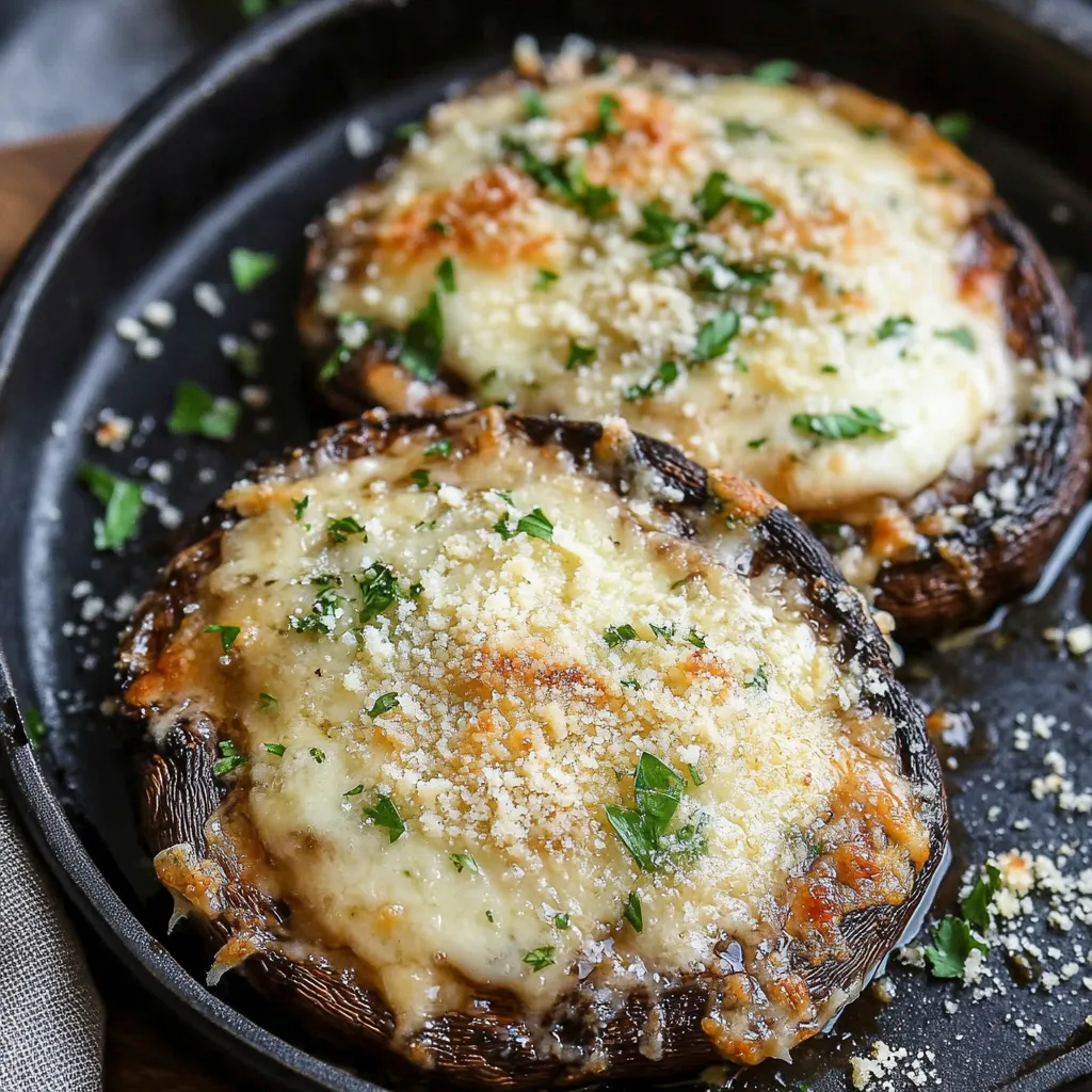 Two mushrooms with cheese on top.