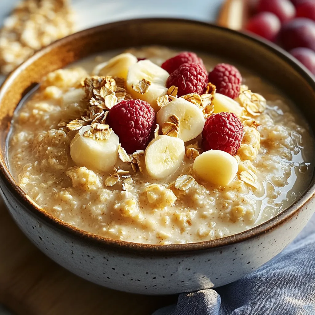 A bowl of oatmeal with bananas and raspberries.