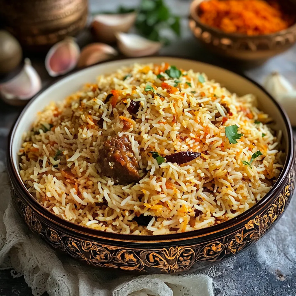 A bowl of rice with meat and vegetables.