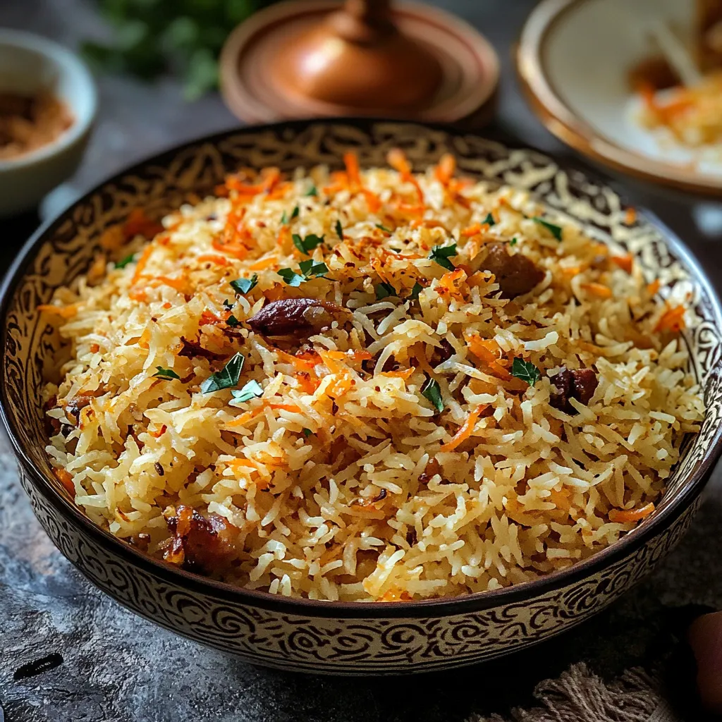 A bowl of rice with carrots and spices.