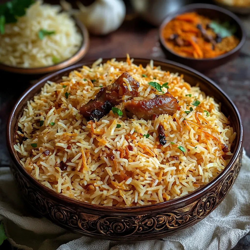 A bowl of rice with meat and vegetables.