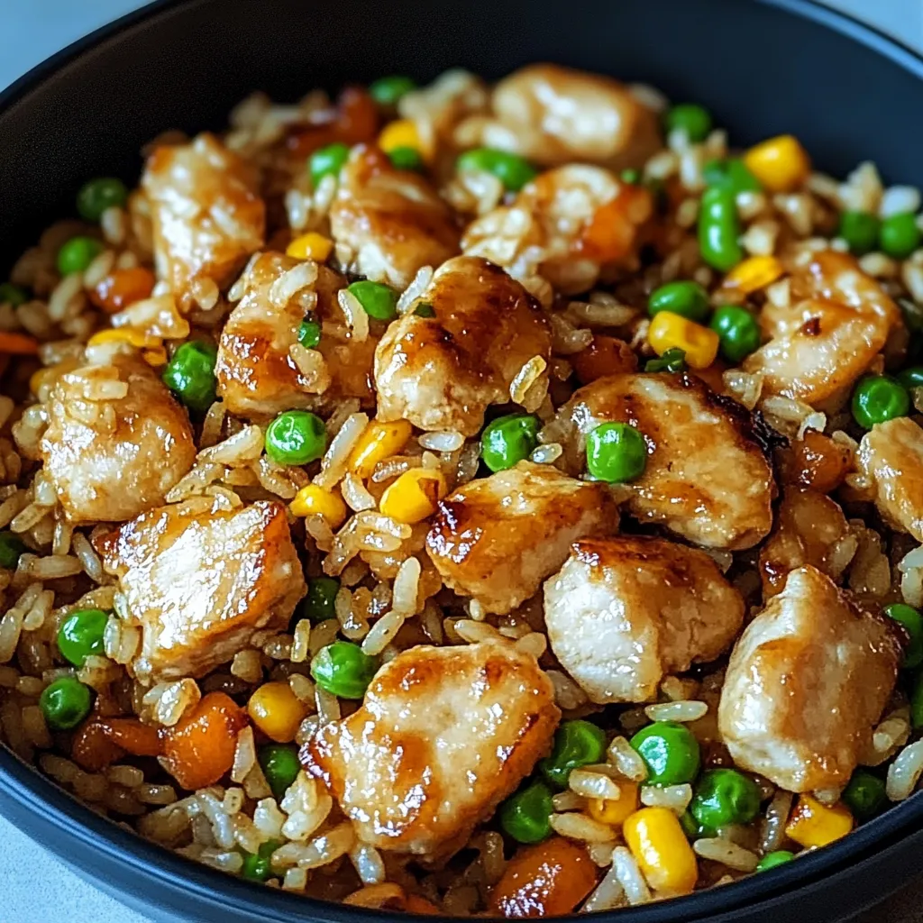 A bowl of rice with chicken and peas.