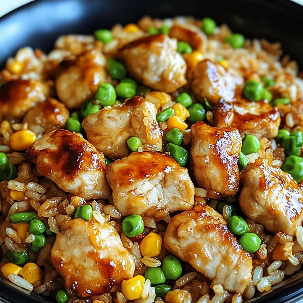 A bowl of rice with chicken and peas.