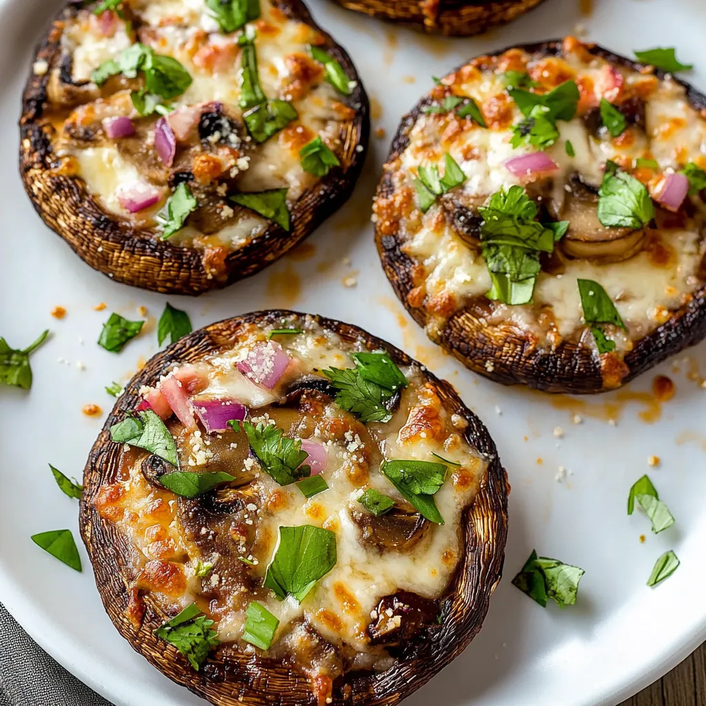 Four mushroom pizzas on a white plate.