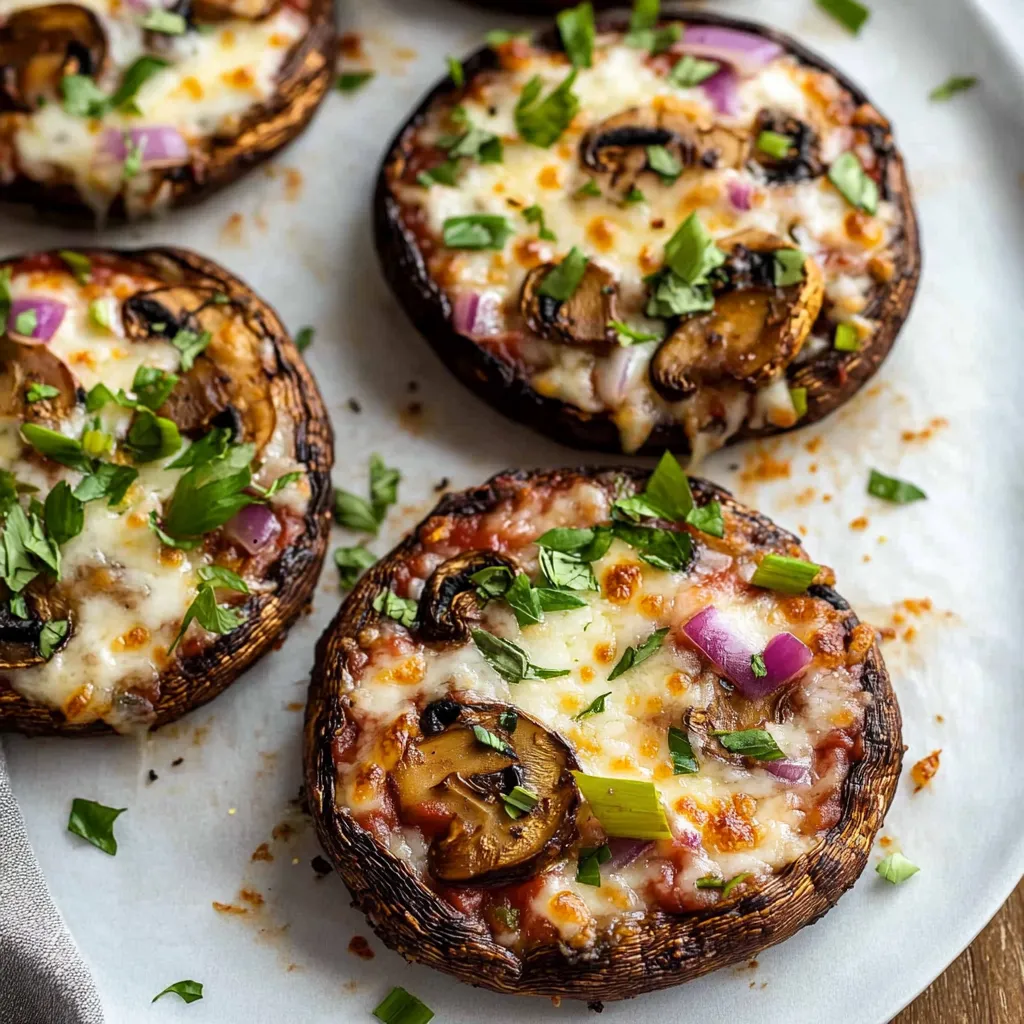 A plate of mushroom pizza with green toppings.