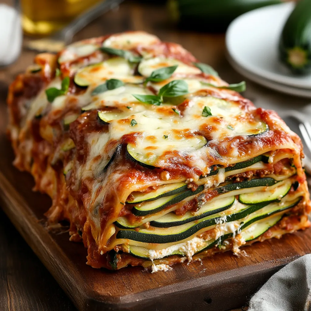 A long zucchini and cheese lasagna on a wooden cutting board.