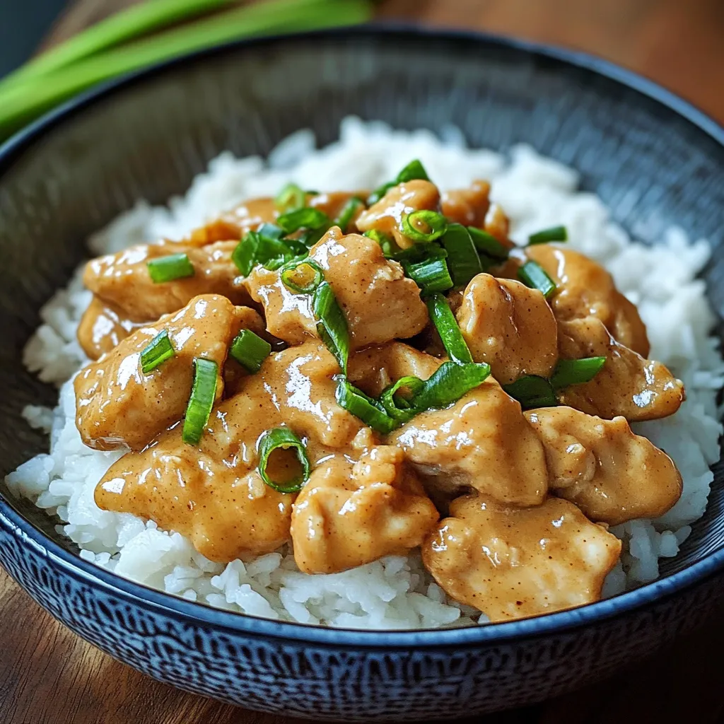 A bowl of rice with chicken and green onions.