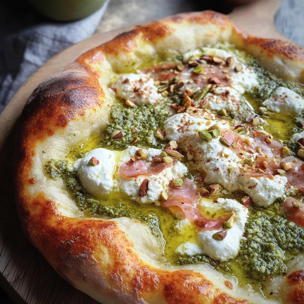 A pizza with white cheese and pink meat on top.