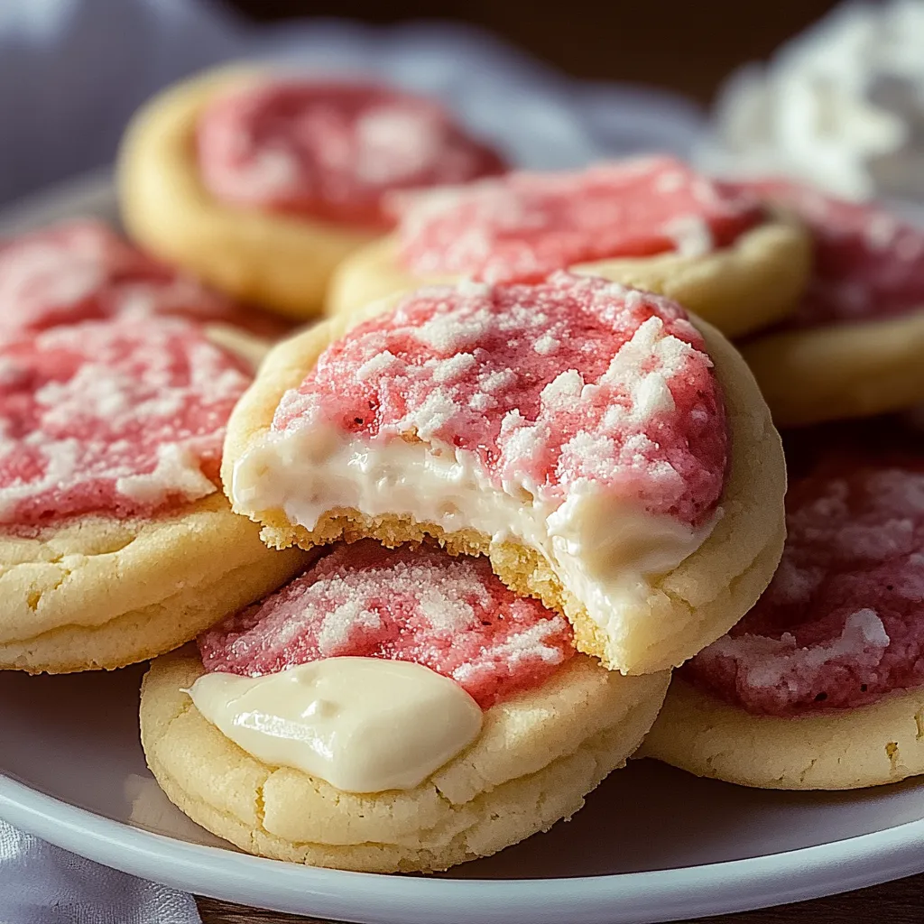 A plate of red and white cookies.