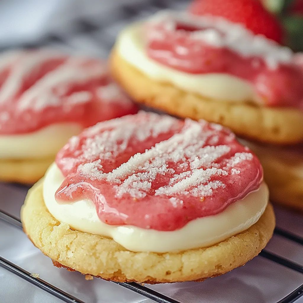 A cookie with white frosting and red strawberries.
