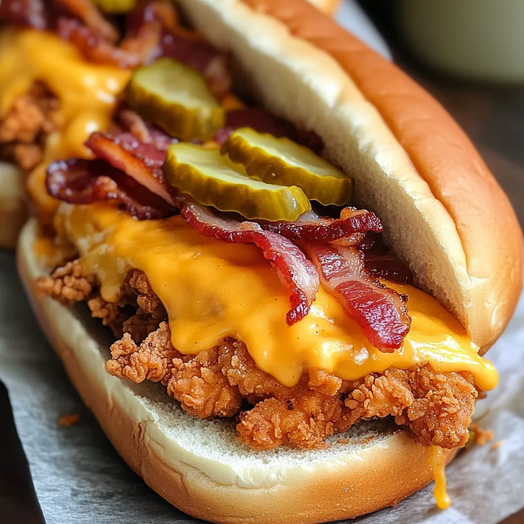 A hot dog with bacon, pickles and cheese.