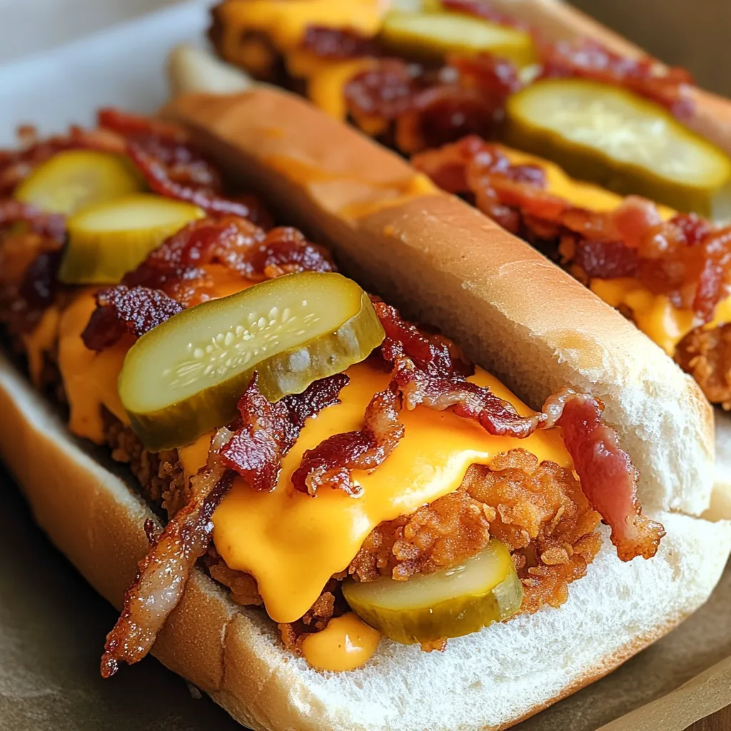 A hot dog with bacon and pickles.