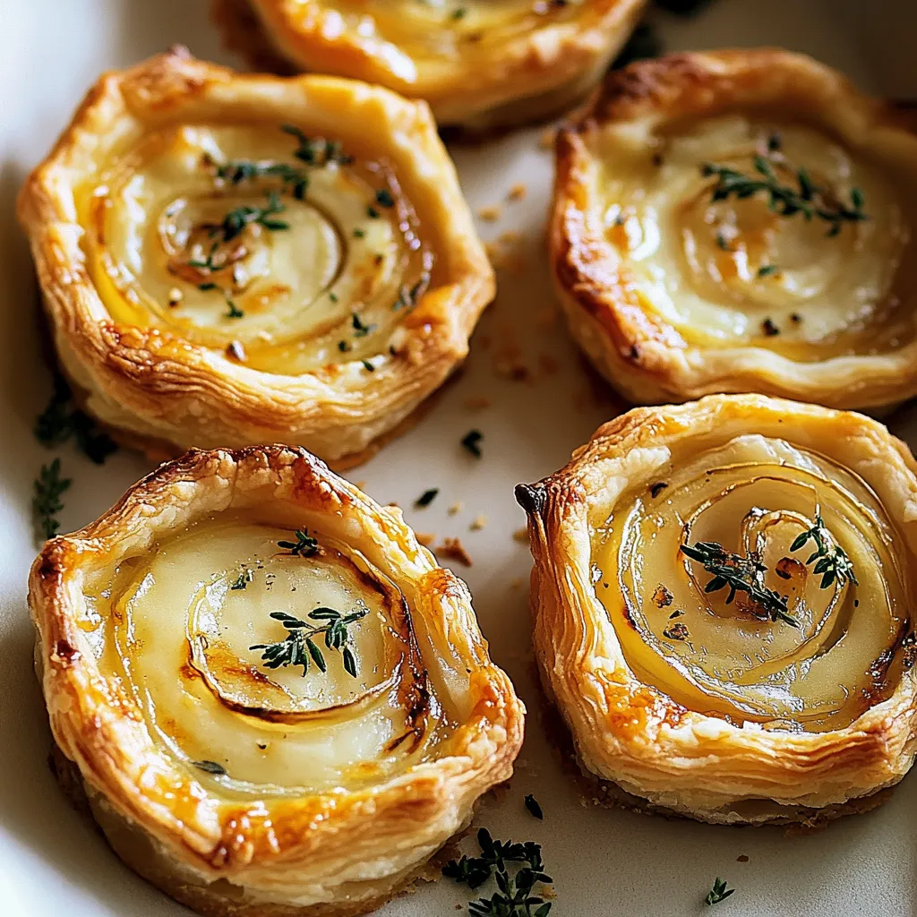Four small pastry tarts with herbs on top.