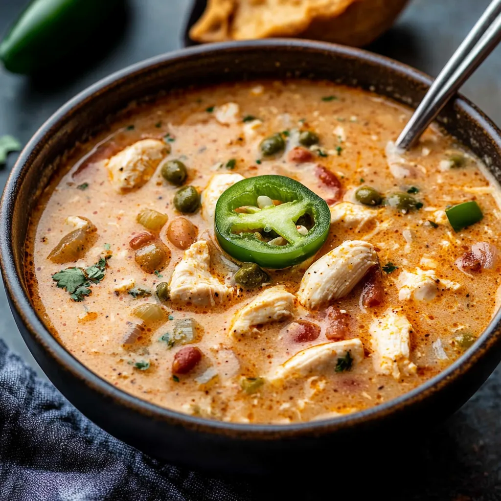 A bowl of soup with a green pepper on top.