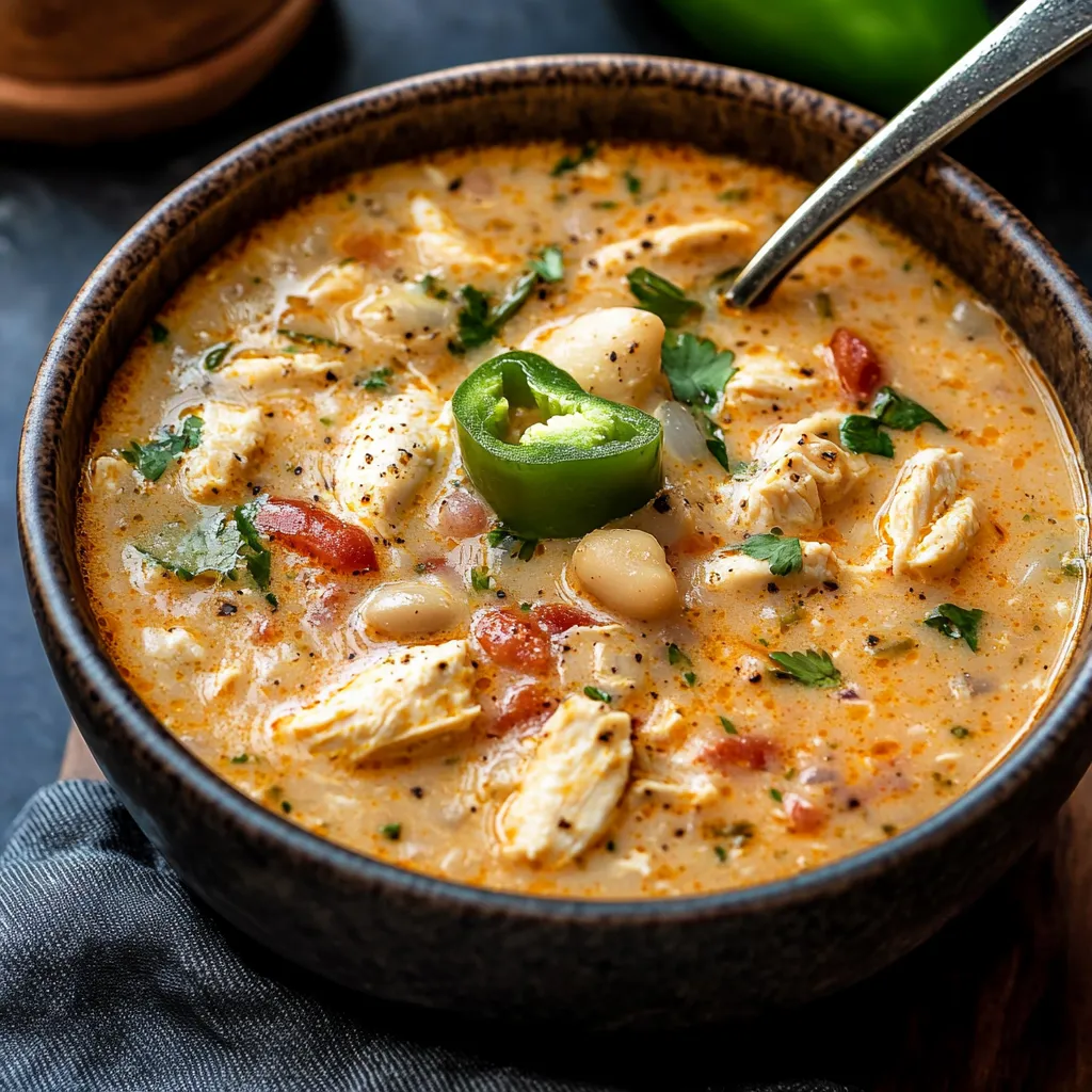 A bowl of soup with chicken and peppers.