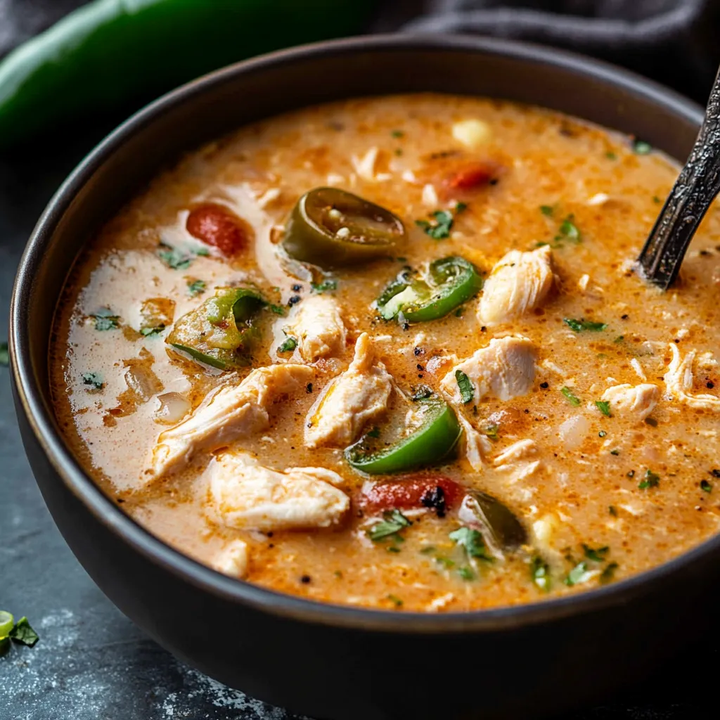 A bowl of soup with chicken and peppers.