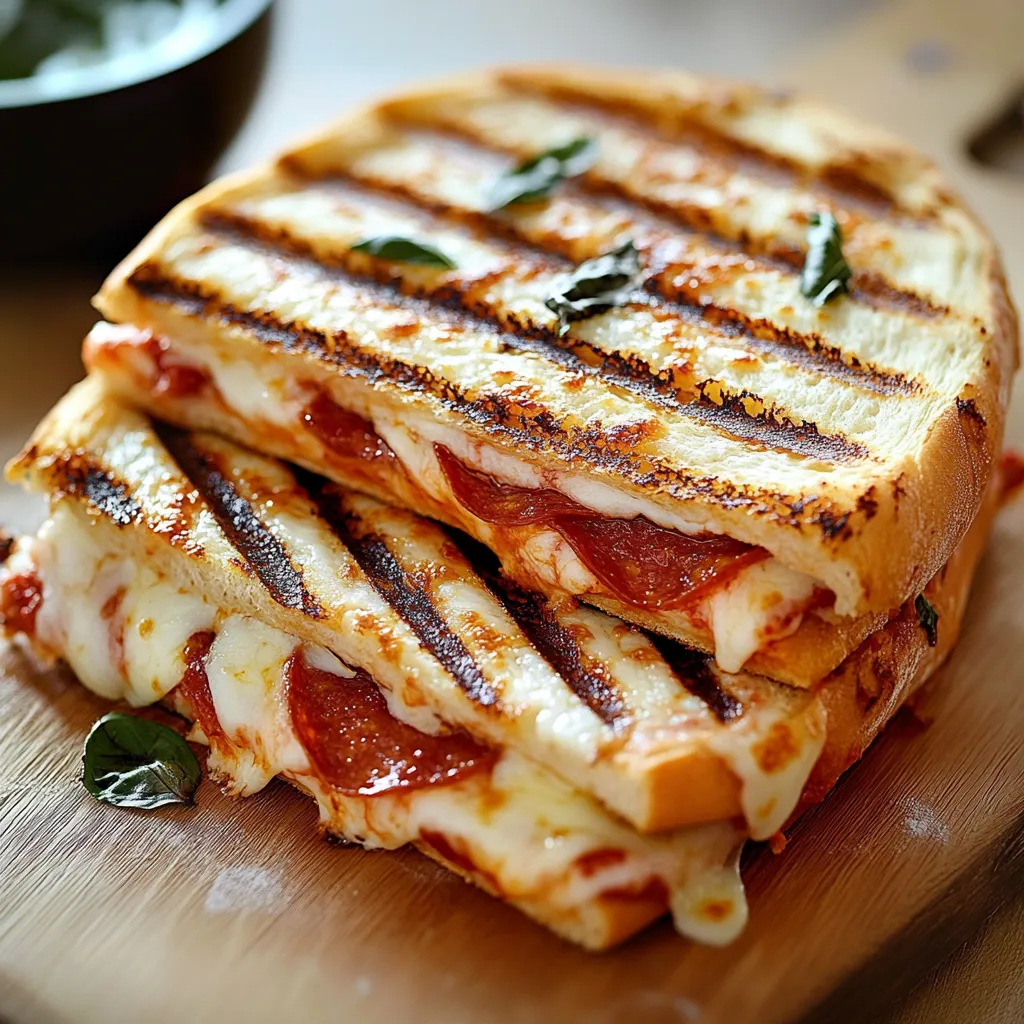 A sandwich with pepperoni and cheese on a wooden cutting board.