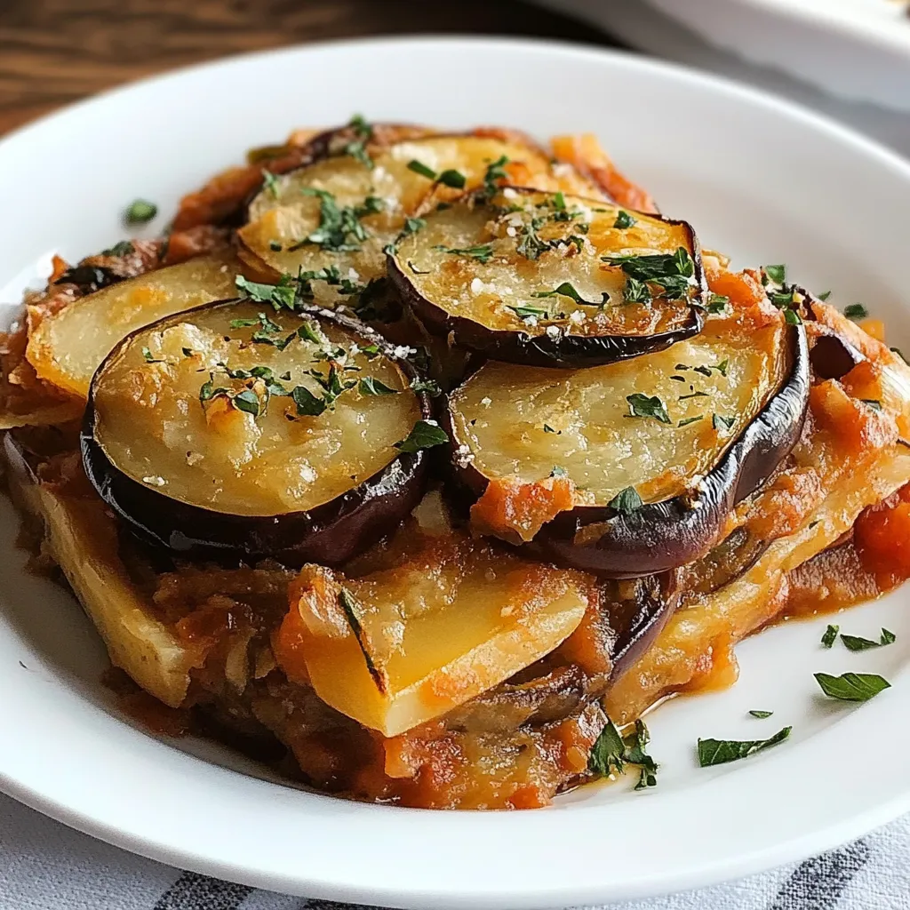 A plate of food with a slice of potato and a slice of eggplant.