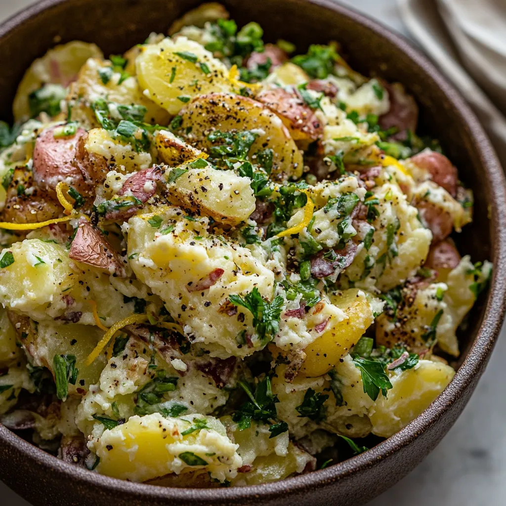 A bowl of food with potatoes and greens.