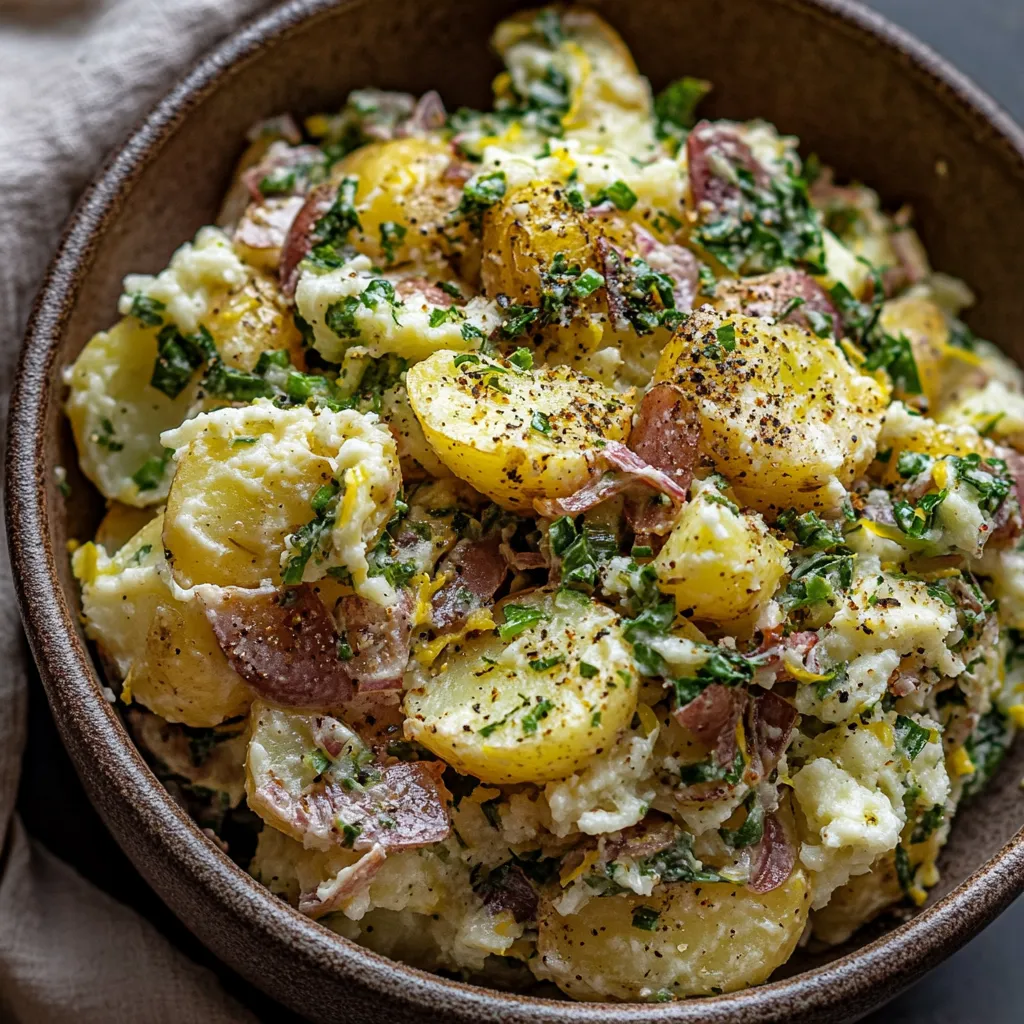 A bowl of food with potatoes and greens.