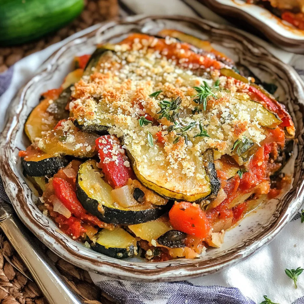 A plate of food with a zucchini and tomato on top.
