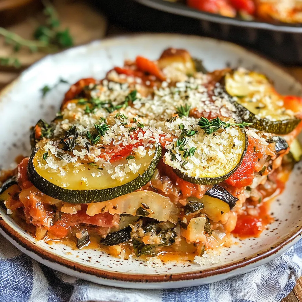 A plate of food with a zucchini and tomato on top.