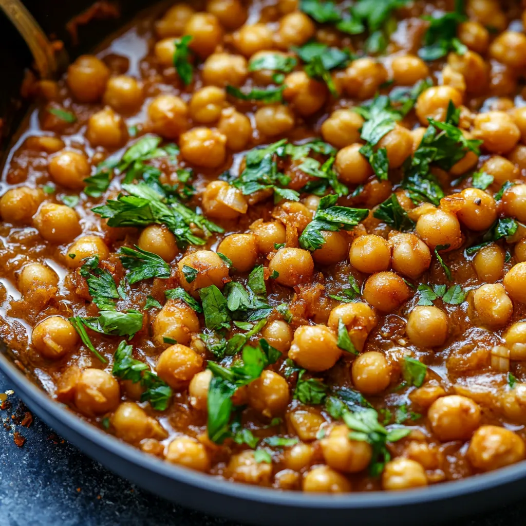 A bowl of chickpeas with green leaves on top.