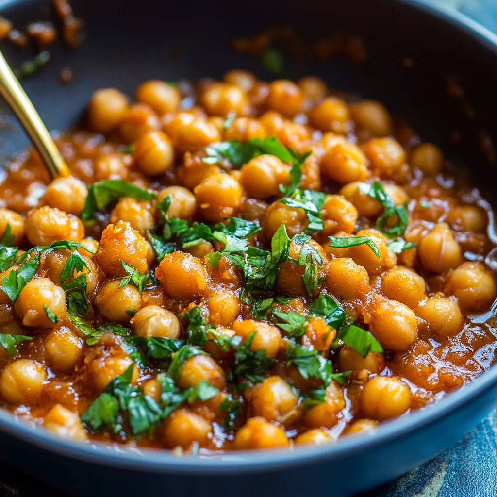 A bowl of chickpeas with green leaves on top.